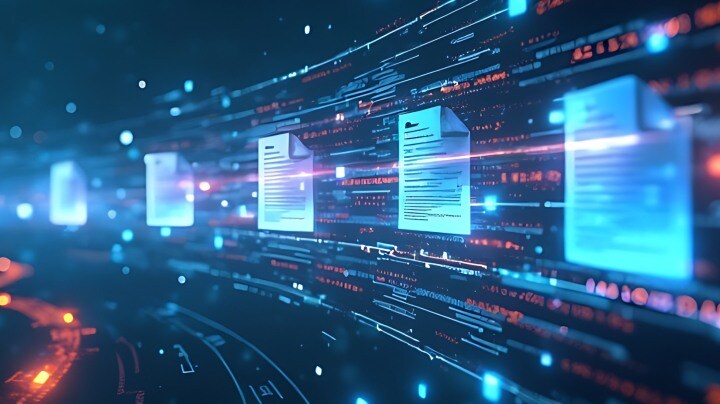 Digital documents flowing through a futuristic data network